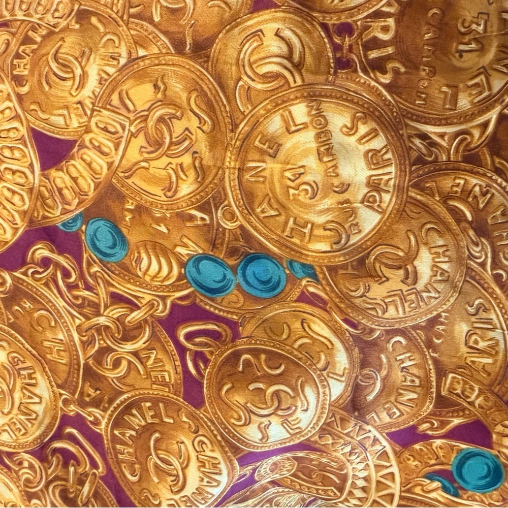 Vintage Chanel Silk Scarf in Burgundy with Gold Chain and Coin Detail - Picture 5 of 6
